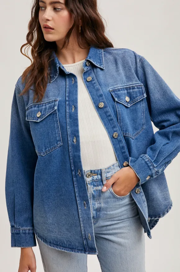 Washed Denim Button Down Shirt Jacket