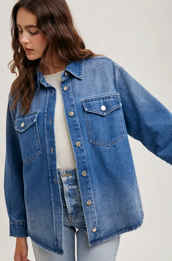 Washed Denim Button Down Shirt Jacket